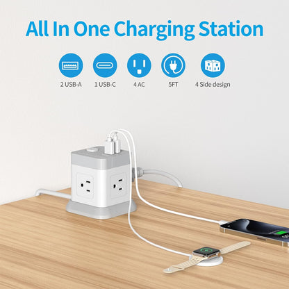 Power Bar with USB,  Flat Plug Extension Cord with 4 Outlets and 3 USB Ports, 5 FT Power Cord Desktop Charging Station, Overload Protection, Compact Portable for Travel Home Office Cruise Ship