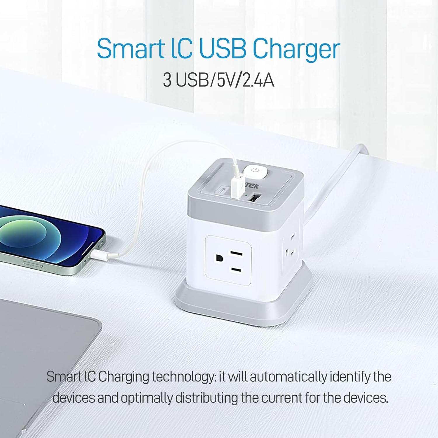 Power Bar with USB,  Flat Plug Extension Cord with 4 Outlets and 3 USB Ports, 5 FT Power Cord Desktop Charging Station, Overload Protection, Compact Portable for Travel Home Office Cruise Ship