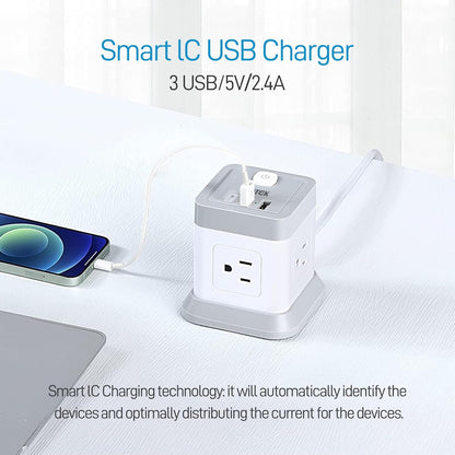 Power Bar with USB,  Flat Plug Extension Cord with 4 Outlets and 3 USB Ports, 5 FT Power Cord Desktop Charging Station, Overload Protection, Compact Portable for Travel Home Office Cruise Ship